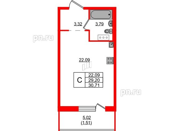 Квартира в ЖК Невский Берег, студия, 30.71 м², 3 этаж