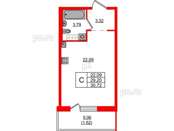 Квартира в ЖК Невский Берег, студия, 30.72 м², 3 этаж