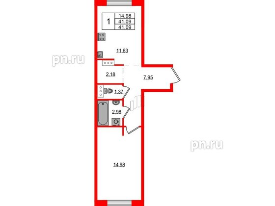 Квартира в ЖК Невский Берег, 1 комнатная, 41.09 м², 1 этаж