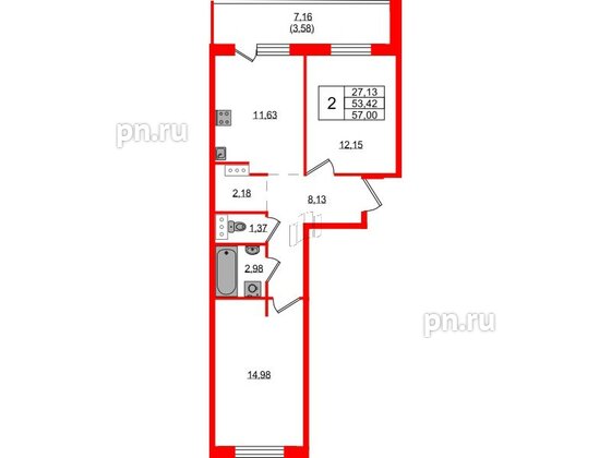 Квартира в ЖК Невский Берег, 2 комнатная, 57 м², 2 этаж