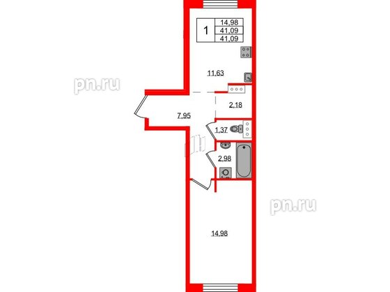 Квартира в ЖК Невский Берег, 1 комнатная, 41.09 м², 1 этаж