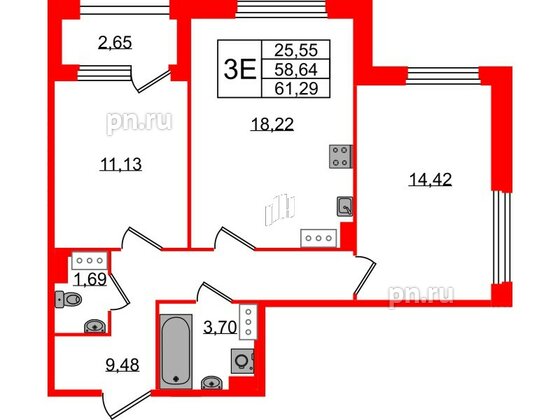 Квартира в ЖК Квартал Б15, 2 комнатная, 58.64 м², 7 этаж