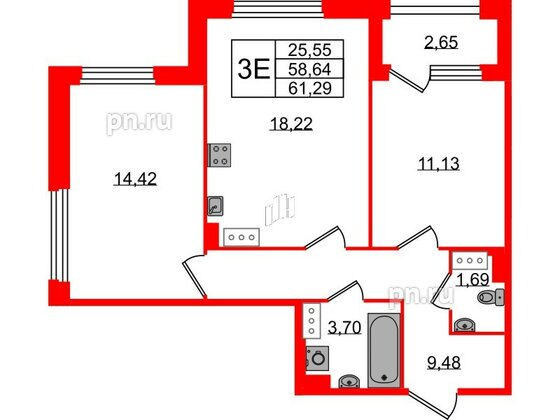 Квартира в ЖК Квартал Б15, 2 комнатная, 58.64 м², 7 этаж