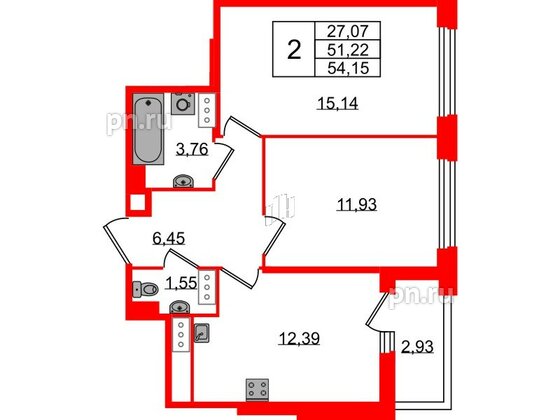 Квартира в ЖК Квартал Б15, 2 комнатная, 51.22 м², 13 этаж