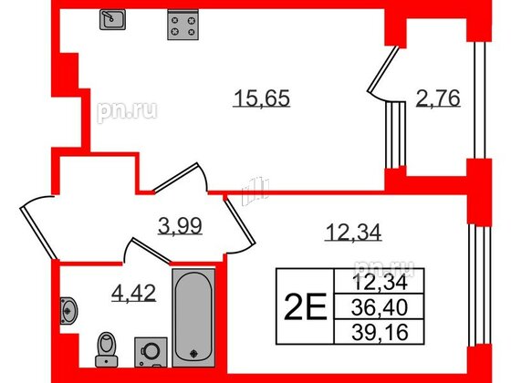 Квартира в ЖК Квартал Б15, 1 комнатная, 36.4 м², 3 этаж