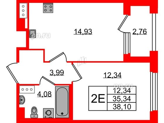 Квартира в ЖК Квартал Б15, 1 комнатная, 35.34 м², 4 этаж