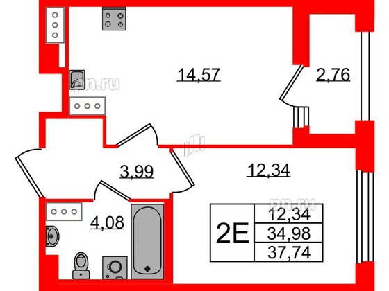 Квартира в ЖК Квартал Б15, 1 комнатная, 34.98 м², 15 этаж