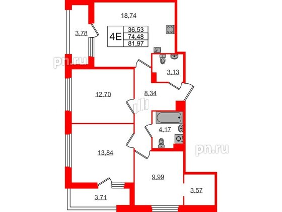 Квартира в ЖК Квартал Б15, 3 комнатная, 74.48 м², 3 этаж