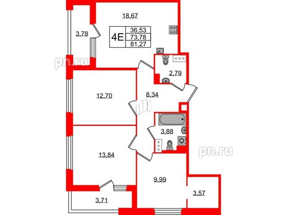 Квартира в ЖК Квартал Б15, 3 комнатная, 73.78 м², 4 этаж