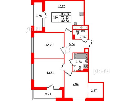 Квартира в ЖК Квартал Б15, 3 комнатная, 73.23 м², 14 этаж