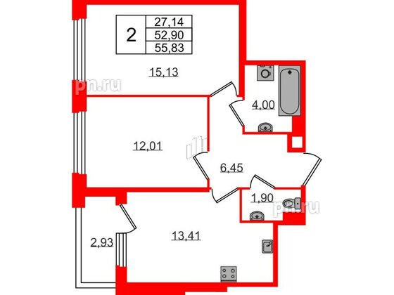 Квартира в ЖК Квартал Б15, 2 комнатная, 52.9 м², 3 этаж