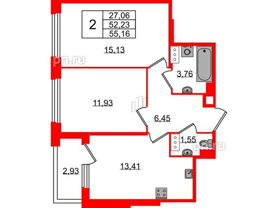 Квартира в ЖК Квартал Б15, 2 комнатная, 52.23 м², 4 этаж