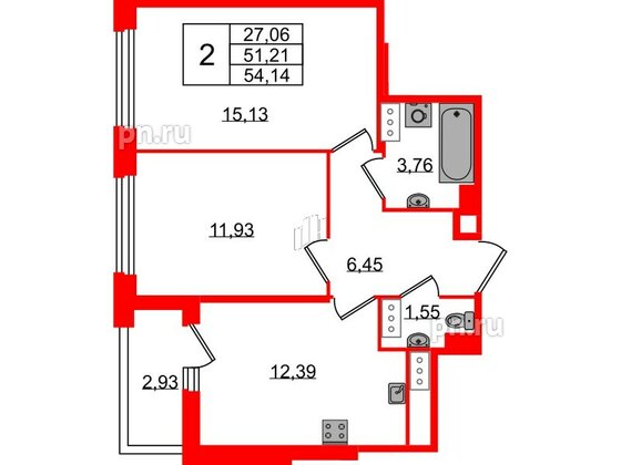 Квартира в ЖК Квартал Б15, 2 комнатная, 51.21 м², 13 этаж