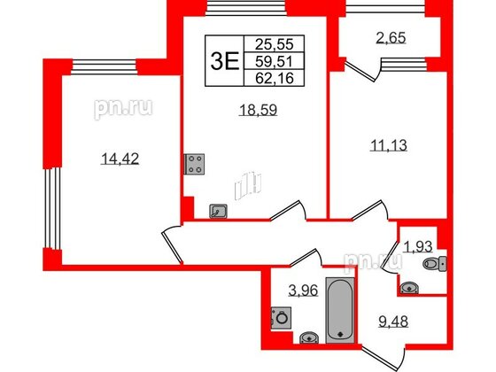 Квартира в ЖК Квартал Б15, 2 комнатная, 59.51 м², 3 этаж