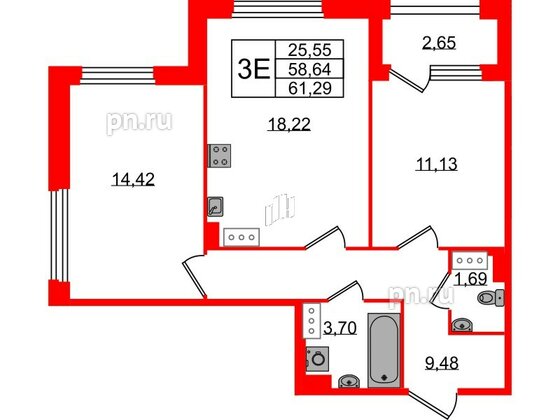 Квартира в ЖК Квартал Б15, 2 комнатная, 58.64 м², 5 этаж