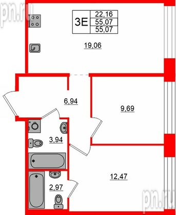 Квартира в ЖК «AVANT», 2 комнатная, 55.07 м², 6 этаж