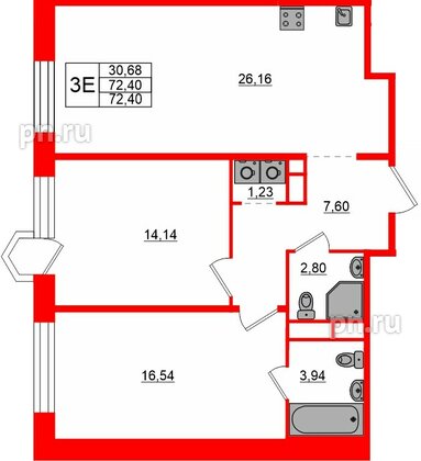 Квартира в ЖК «AVANT», 2 комнатная, 72.4 м², 4 этаж