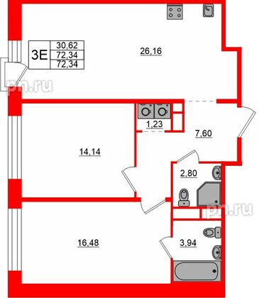 Квартира в ЖК «AVANT», 2 комнатная, 72.34 м², 5 этаж