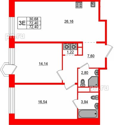 Квартира в ЖК «AVANT», 2 комнатная, 72.4 м², 7 этаж