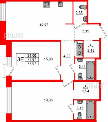 Квартира в ЖК «AVANT», 2 комнатная, 77.87 м², 5 этаж
