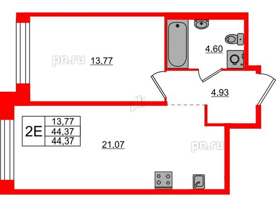 Квартира в ЖК AVANT, 1 комнатная, 44.37 м², 5 этаж