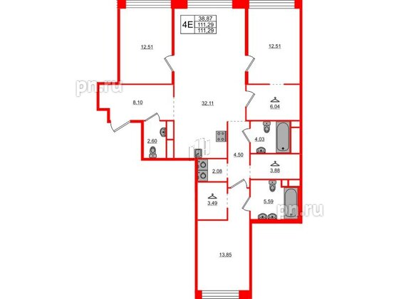 Квартира в ЖК AVANT, 3 комнатная, 111.29 м², 4 этаж