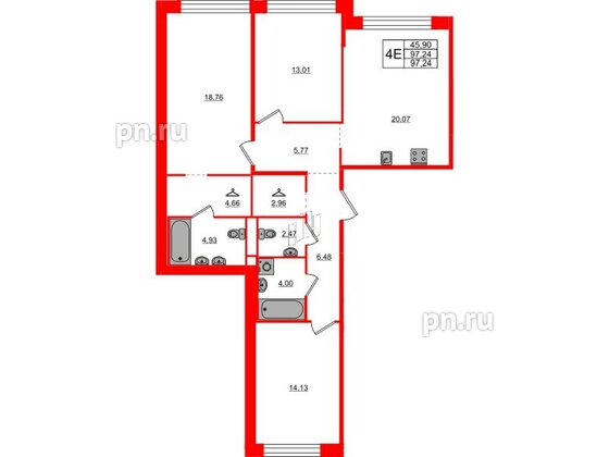 Квартира в ЖК AVANT, 3 комнатная, 97.24 м², 4 этаж