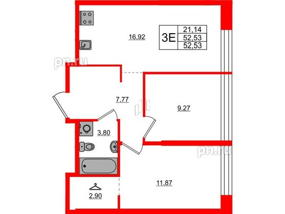 Квартира в ЖК AVANT, 2 комнатная, 52.53 м², 6 этаж