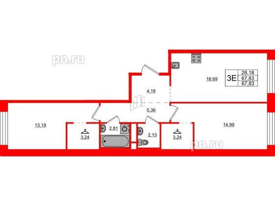 Квартира в ЖК AVANT, 2 комнатная, 67.83 м², 4 этаж