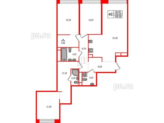 Квартира в ЖК AVANT, 3 комнатная, 106.96 м², 5 этаж