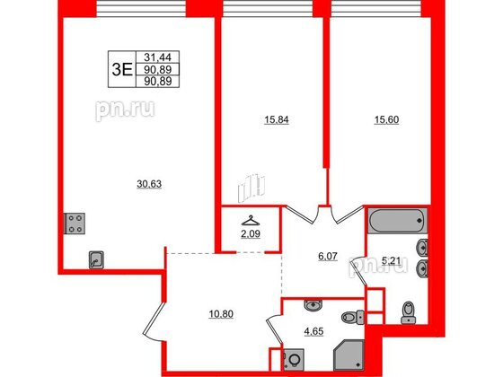 Квартира в ЖК AVANT, 2 комнатная, 90.89 м², 5 этаж