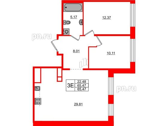 Квартира в ЖК AVANT, 2 комнатная, 65.47 м², 5 этаж