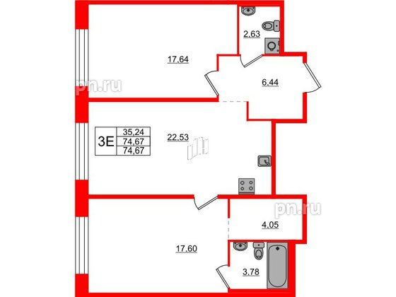 Квартира в ЖК AVANT, 2 комнатная, 74.67 м², 5 этаж