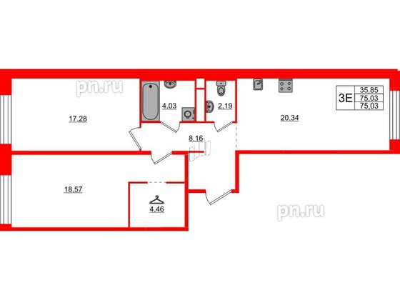 Квартира в ЖК AVANT, 2 комнатная, 75.03 м², 6 этаж