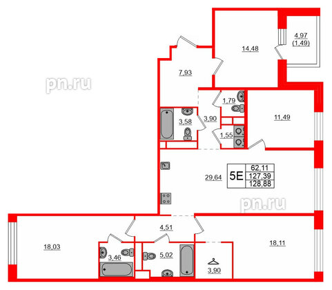Квартира в ЖК AVANT, 4 комнатная, 128.88 м², 7 этаж