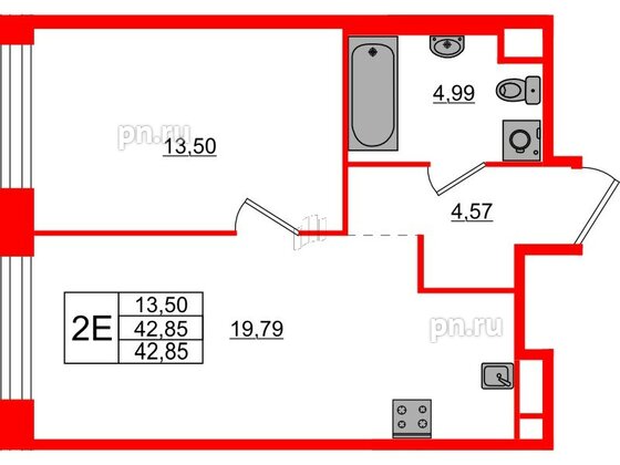 Квартира в ЖК AVANT, 1 комнатная, 42.85 м², 4 этаж