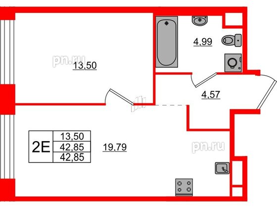 Квартира в ЖК AVANT, 1 комнатная, 42.85 м², 5 этаж