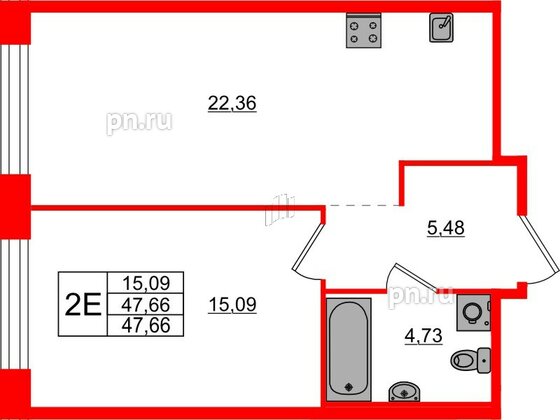 Квартира в ЖК AVANT, 1 комнатная, 47.66 м², 6 этаж