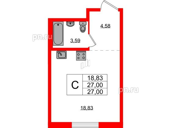 Квартира в ЖК Стороны Света 2, студия, 27 м², 1 этаж