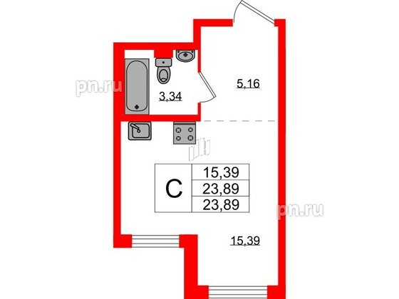 Квартира в ЖК Стороны Света 2, студия, 23.89 м², 1 этаж