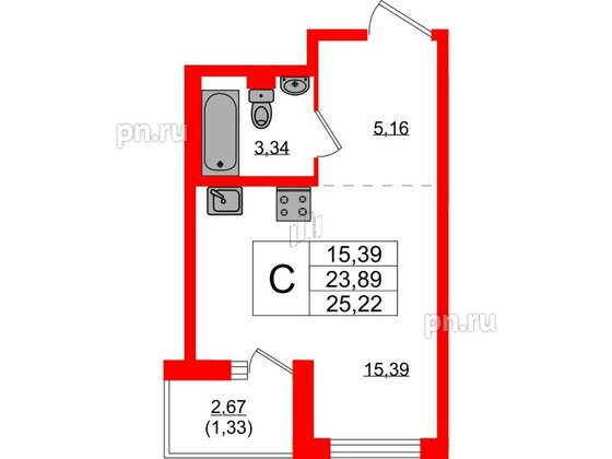 Квартира в ЖК Стороны Света 2, студия, 25.22 м², 16 этаж