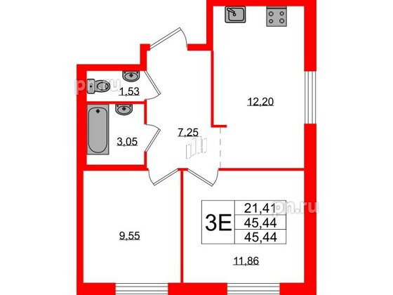 Квартира в ЖК Стороны Света 2, 2 комнатная, 45.44 м², 5 этаж