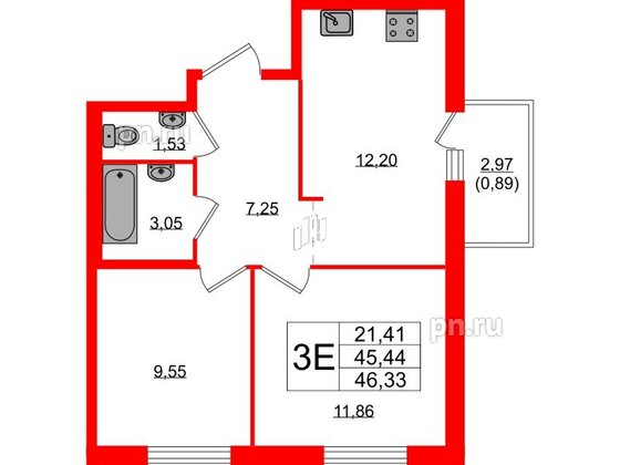 Квартира в ЖК Стороны Света 2, 2 комнатная, 46.33 м², 14 этаж