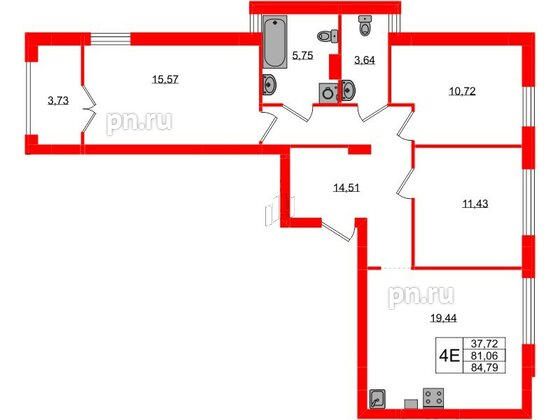 Квартира в ЖК «Включи», 3 комнатная, 84.79 м², 3 этаж