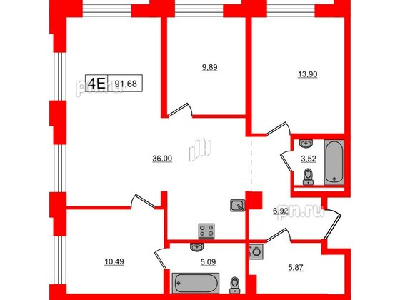 Квартира в ЖК Alpen, 3 комнатная, 91.68 м², 2 этаж