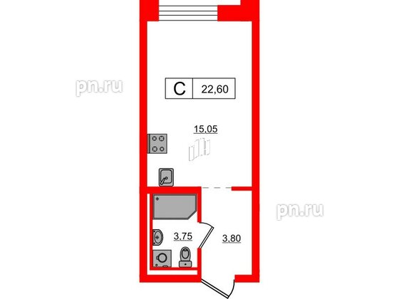 Квартира в ЖК Alpen, студия, 22.6 м², 3 этаж