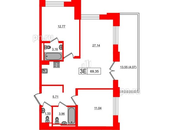 Квартира в ЖК Alpen, 2 комнатная, 69.35 м², 2 этаж