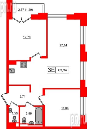 Квартира в ЖК «Альпен», 2 комнатная, 62.05 м², 7 этаж
