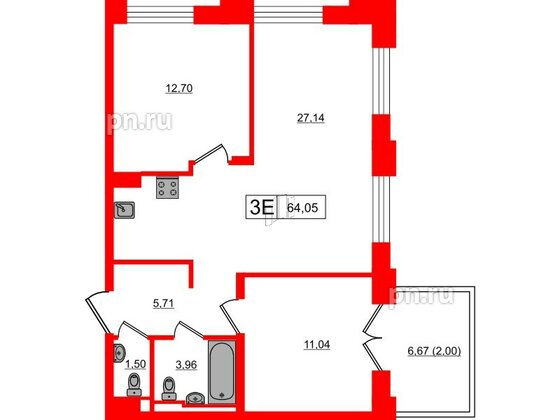 Квартира в ЖК Alpen, 2 комнатная, 64.05 м², 8 этаж