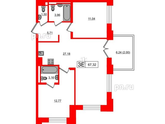 Квартира в ЖК Alpen, 2 комнатная, 67.32 м², 3 этаж